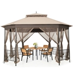 Outdoor 10 x 12 Ft Octagon Gazebo with Mosquito Net Sidewalls and Brown Canopy