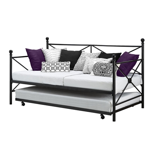 Twin size Black Metal Day Bed Frame and Roll out Trundle Set