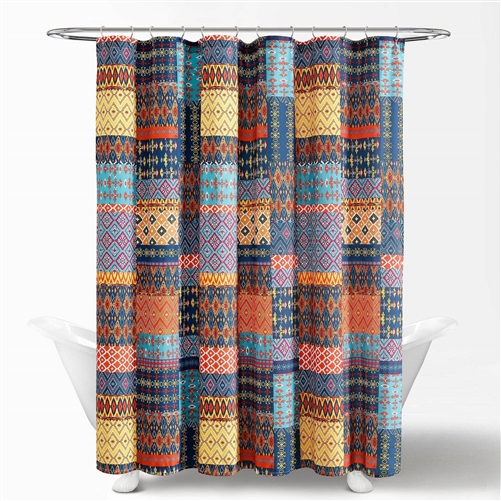 72-inch Patchwork Navy Orange Bohemian Polyester Shower Curtain