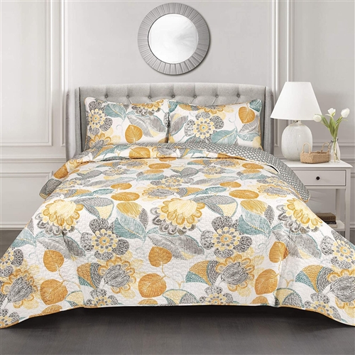 3 Piece Reversible Yellow Grey Floral Cotton Quilt Set in Full/Queen Size