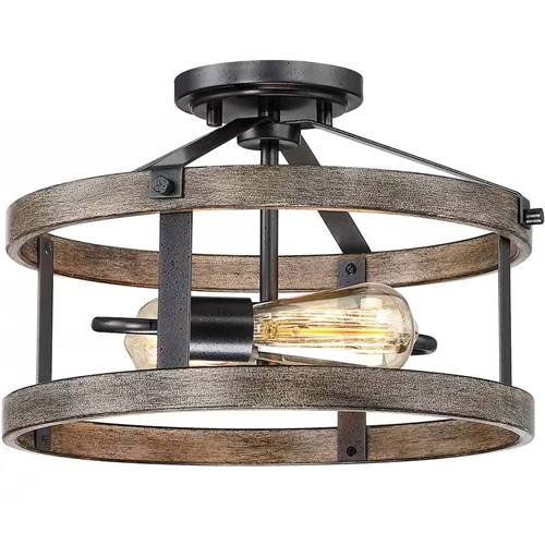 Round 12-inch Ceiling Light with Rattan Bamboo Drum Shade - Semi Flush Mount
