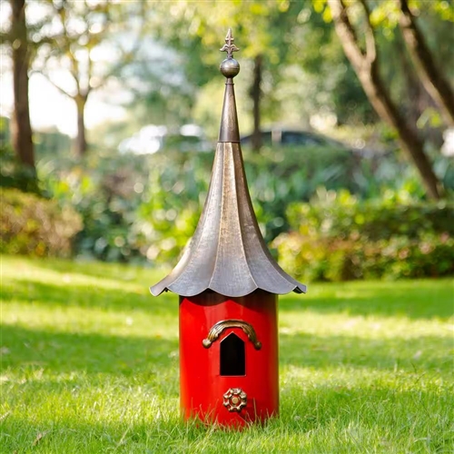 Red Metal Birdhouse with Copper Bronze Finish Gramophone Roof