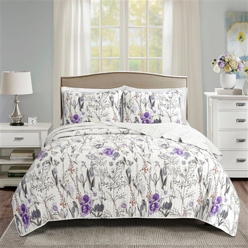 King Size Lightweight Purple Grey Floral Quilt Set