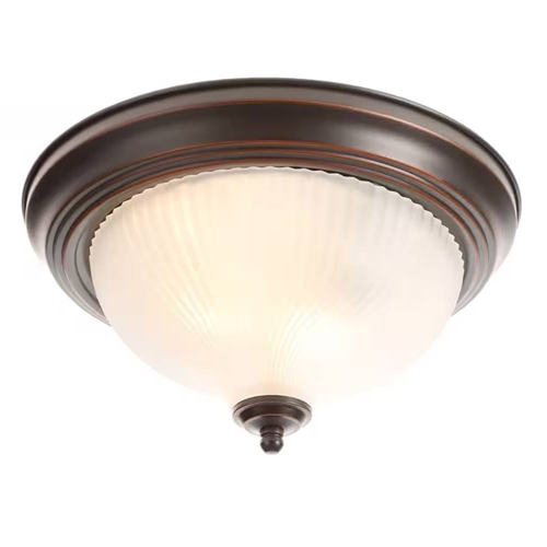 Round 11-inch Bronze Finish Ceiling Light with Frosted Glass Shade - Flush Mount