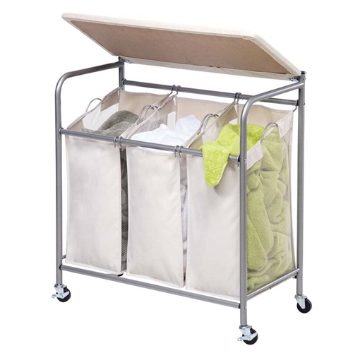 3 Section Wheeled Laundry Sorter w/ Lift Top Folding Ironing Board