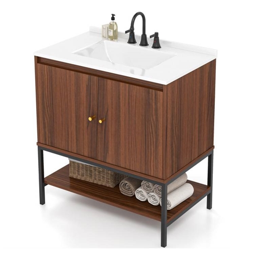 Modern Walnut Wood Finish Bathroom Vanity with White Sink