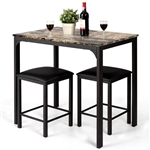 Modern 3-Piece Dining Set Brown Faux Marble Table-Top and 2 Black Chairs Stools