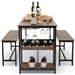 Modern Industrial 3-Piece Metal Wood Dining Set with 2 Benches and Wine Rack