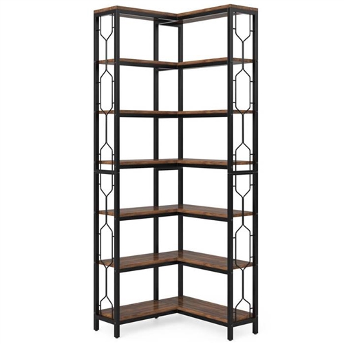 Industrial 7-Tier Metal/Wood Corner Bookcase Black/Brown
