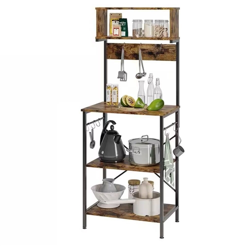 Industrial Modern Kitchen Metal Wood Shelf Bakers Rack Microwave Stand