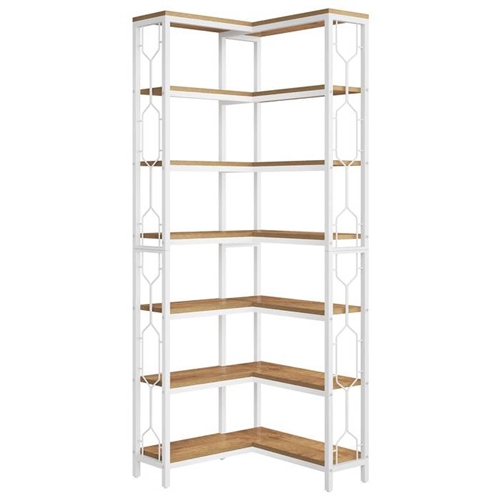 Industrial 7-Tier Metal/Wood Corner Bookcase White/Natural