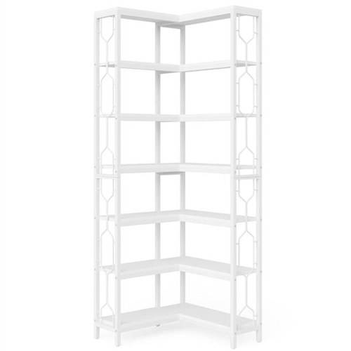 Industrial 7-Tier Metal/Wood Corner Bookcase White