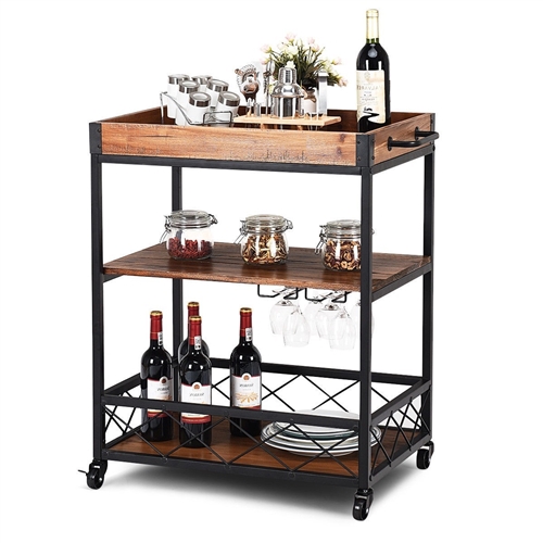 Wood Iron Kitchen Cart with Removeable Tray Top and Wheels