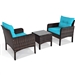 3-Piece Brown PE Rattan Outdoor Patio Furniture Dining Set w/ Turquoise Cushions