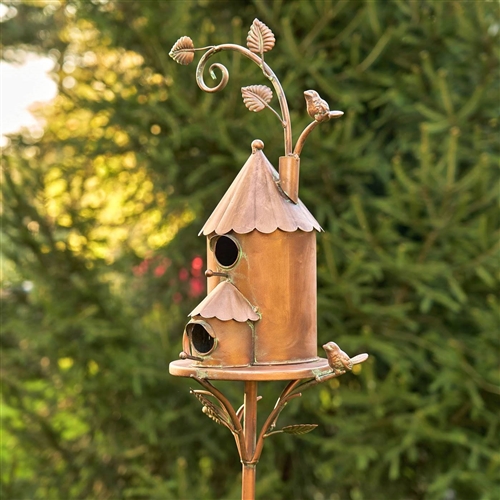 Cast Iron Metal Birdhouse with Pole and Stake in Copper Finish
