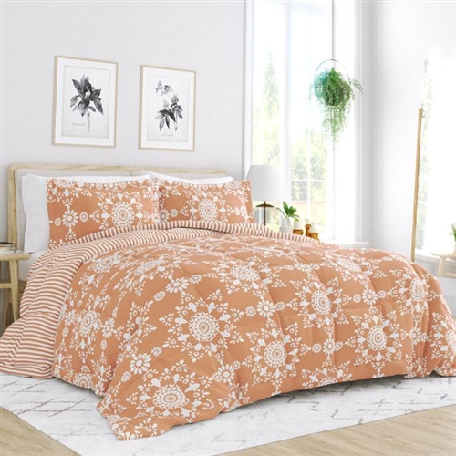Twin Size 2 Piece Clay Reversible Daisy Medallion Striped Comforter Set