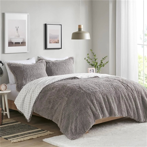 Twin/Twin XL size Grey Reversible Soft Sherpa Faux Fur 2-Piece Comforter Set