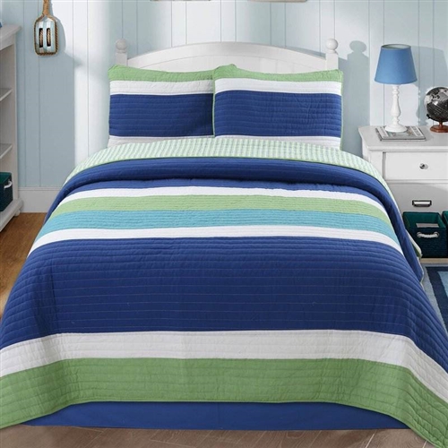 Twin Size Navy/Green/White Stripe 100% Cotton Quilt Set