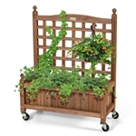 Solid Fir Wood Outdoor Raised Garden Bed Planter Box Cart on Wheels with Trellis