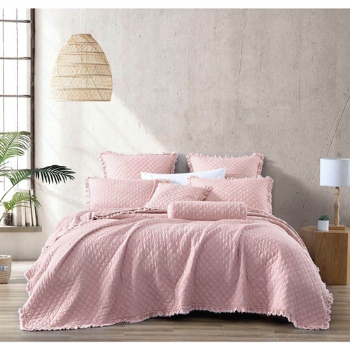 Twin, Pink FarmHouse Reversible Ruffle Microfiber Quilt Set