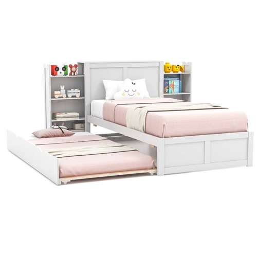 Twin/Twin White Wooden Platform Bed w/ Trundle Storage Headboard Bookshelf