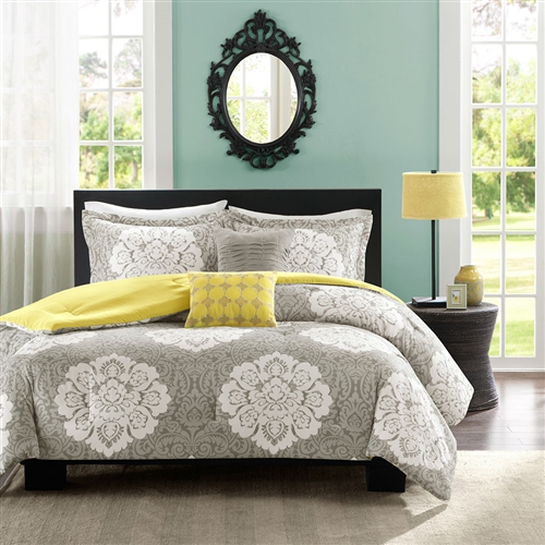 Twin / Twin XL Grey White Damask Comforter Set with Soft Yellow Accents