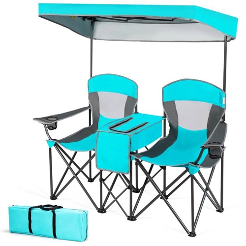 Aqua 2 Seater Folding Camping Canopy Chairs Cup Holder Storage Pocket