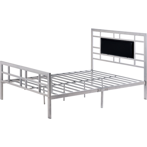 Full size Silver Metal Platform Bed Frame with Upholstered Headboard