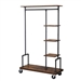 Industrial Metal Pipe Garment Rack with Wood Storage Shelves on Wheels