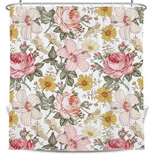 72"W x 84"H Vintage Floral Peony Pink Polyester Shower Curtain