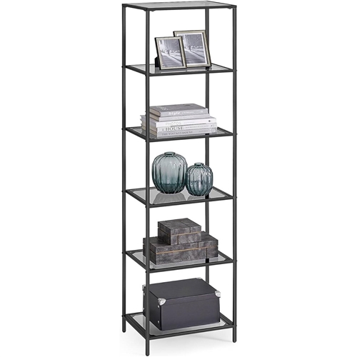 Narrow Glass Shelves Bookcase 5-Shelf Shelving Unit with Black Grey Metal Frame