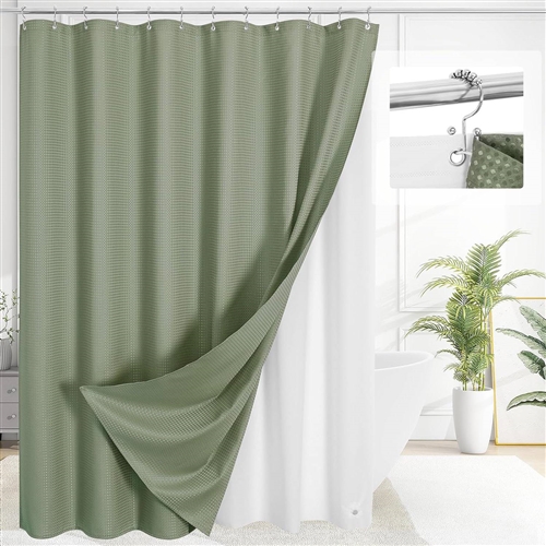72"W x 84"L Sage Green Waffle Textured 3 in 1 Shower Curtain Set