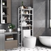 White Over the Toilet Storage Freestanding Industrial Metal Wood Shelving Unit