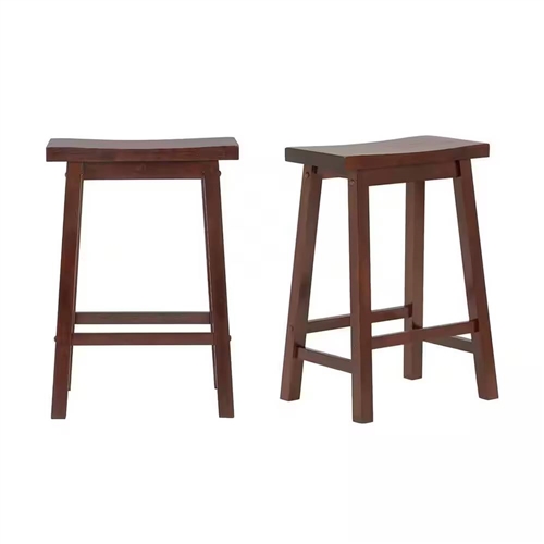 Set of 2 Farmhouse Counter Height Saddle Bar Stools in Brown Walnut Wood Finish