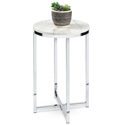 Round Cross Leg Design Coffee Side Table Nightstand with Faux Marble Top White/Chrome