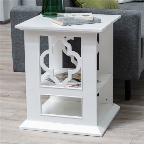 White Wood 2-Shelf Quatrefoil Side Table