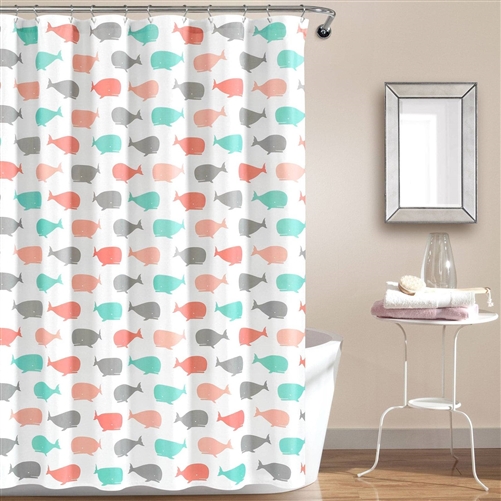 72-inch White Pink Aqua Nautical Whales Polyester Shower Curtain