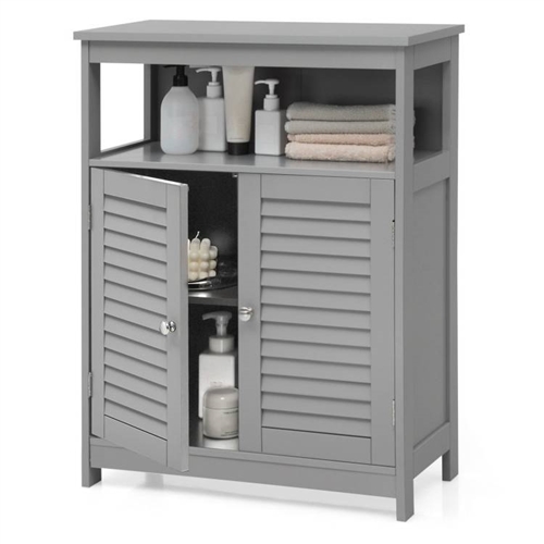 Grey Farmhouse Bathroom Linen Cabinet with Louvered Doors and Open Shelf