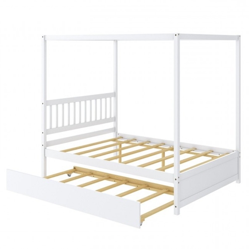 White Full Size Canopy Platform Bed with Twin Trundle Bed