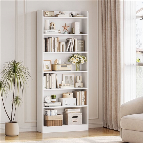 7-Tier Tall Modern Bookcase  Space-Saving Storage Shelf - White