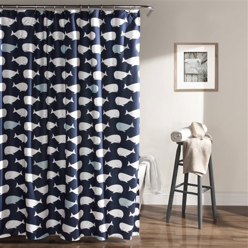 72-inch Navy White Nautical Whales Polyester Shower Curtain