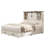 Full - White Sliding Barn Door Bookcase Wooden Platform Bed Storage Drawers