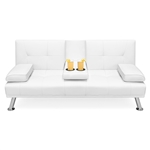 White Faux Leather Convertible Sofa Futon with 2 Cup Holders