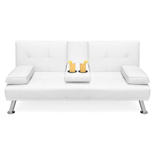 White Faux Leather Convertible Sofa Futon with 2 Cup Holders