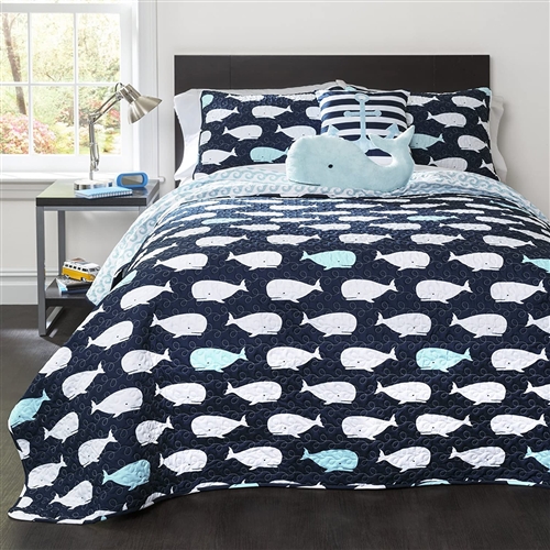 5 Piece Bed In A Bag Navy Blue Microfiber Whale Quilt Set Full/Queen Size