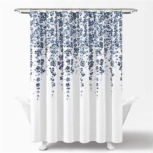 72-inch White Navy Blues Floral Flowers Shower Curtain