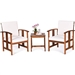 3-Piece Solid Wood Outdoor Patio Furniture Table Chairs Set with White Cushions