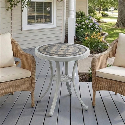 Round Ceramic Tile Bistro Style Outdoor Patio Table  with Off White Metal Base