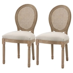 Set of 2 Vintage Upholstered Armless Rattan Back Dining Chairs Beige White