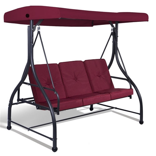 Wine Adjustable 3 Seat Cushioned Porch Patio Canopy Swing Chair